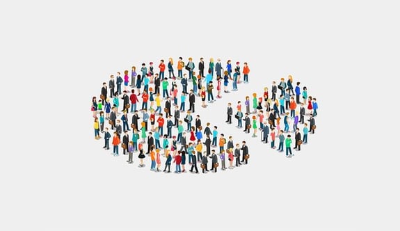 Illustration of a large group of diverse people forming the shape of a right-pointing arrow, symbolizing market segmentation and direction.