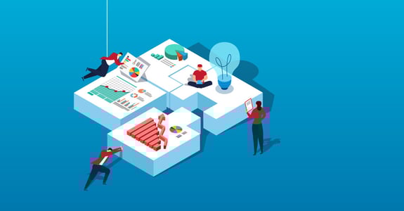 Illustration of cross-functional business team collaborating on data-driven solutions and innovation, symbolizing GTM alignment.